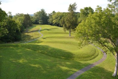 Serpent Mound atop a plateau above the Serpent Mound crater, an ancient meteor crater along Ohio Brush Creek.