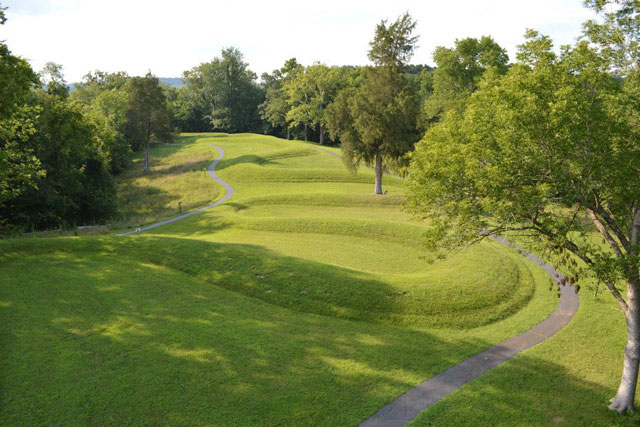 Serpent Mound atop a plateau above the Serpent Mound crater, an ancient meteor crater along Ohio Brush Creek.